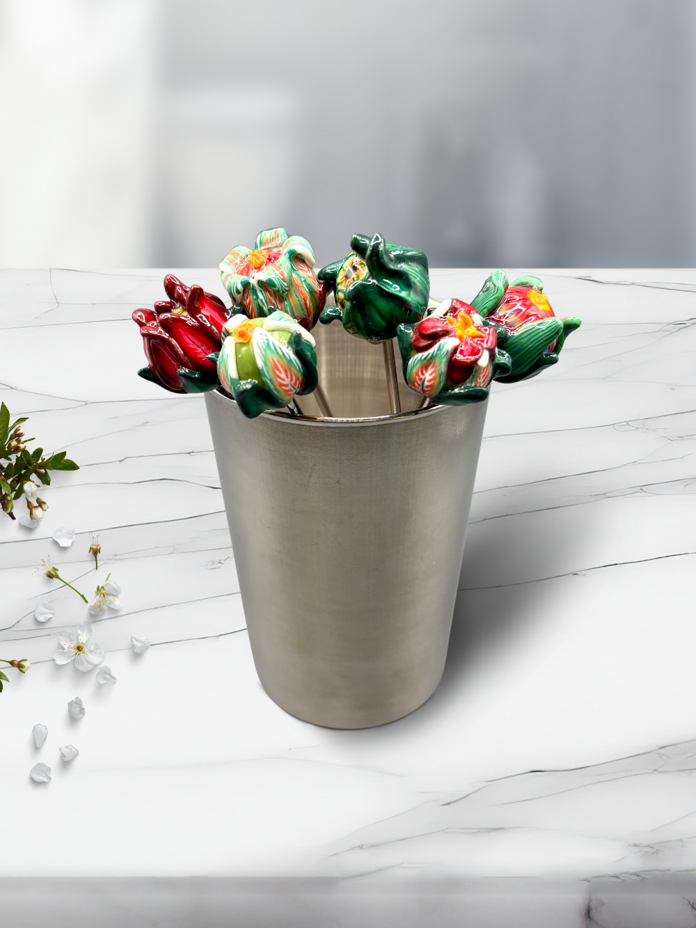 Botanical cocktail picks, handmade with polymer clay. Set of 6 with stainless steel cup