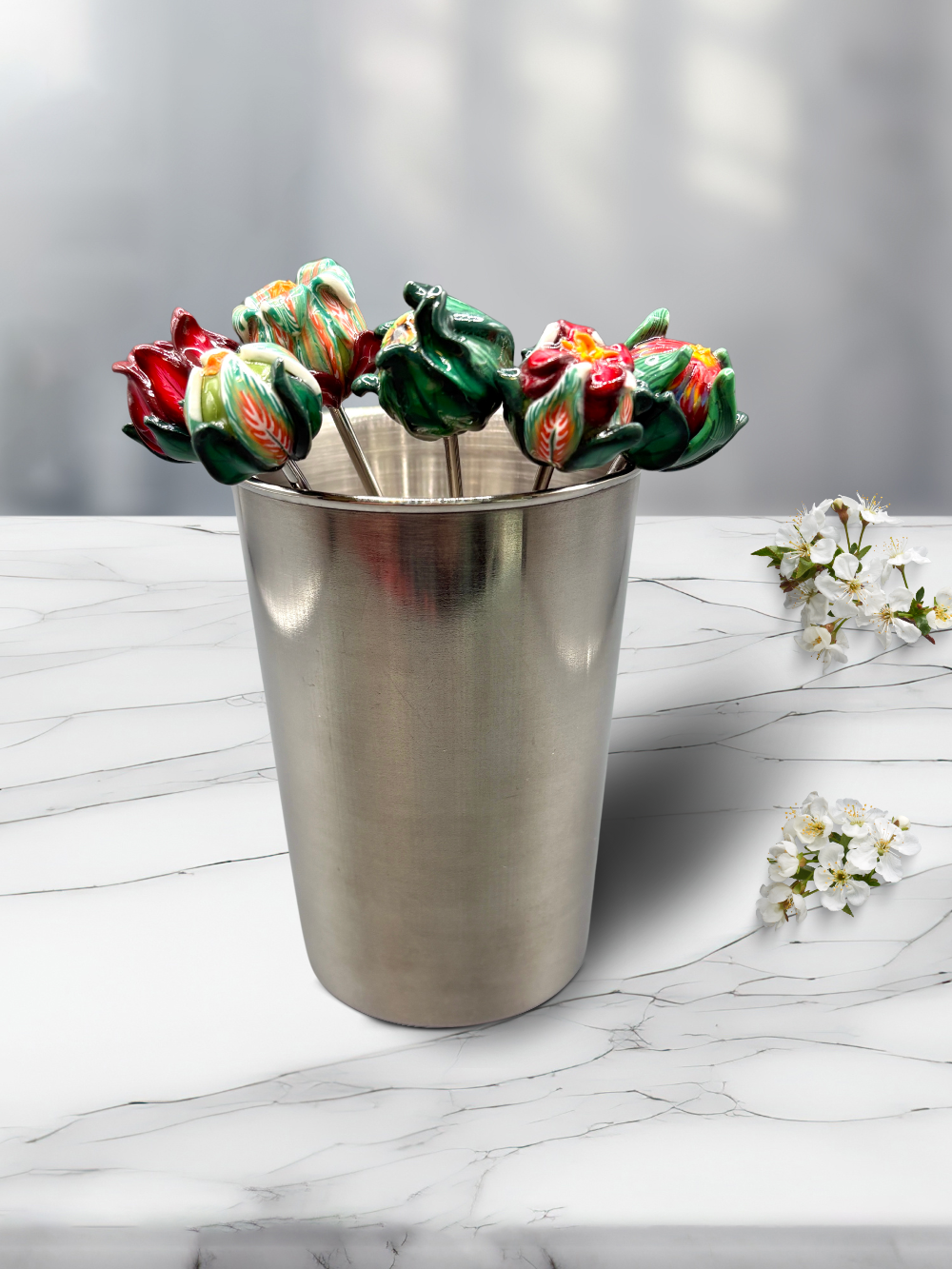 Botanical cocktail picks, handmade with polymer clay. Set of 6 with stainless steel cup