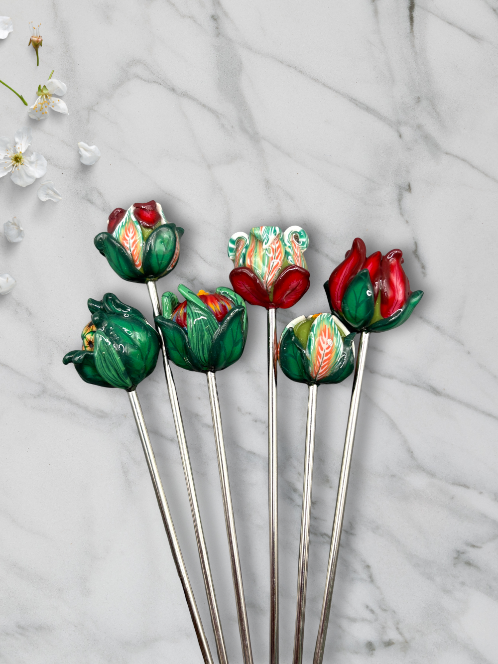 Botanical cocktail picks, handmade with polymer clay. Set of 6 with stainless steel cup