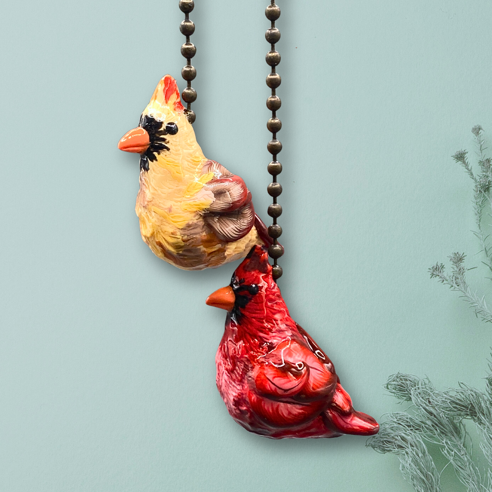 Two cardinal bird figurine light/fan pull chain charms