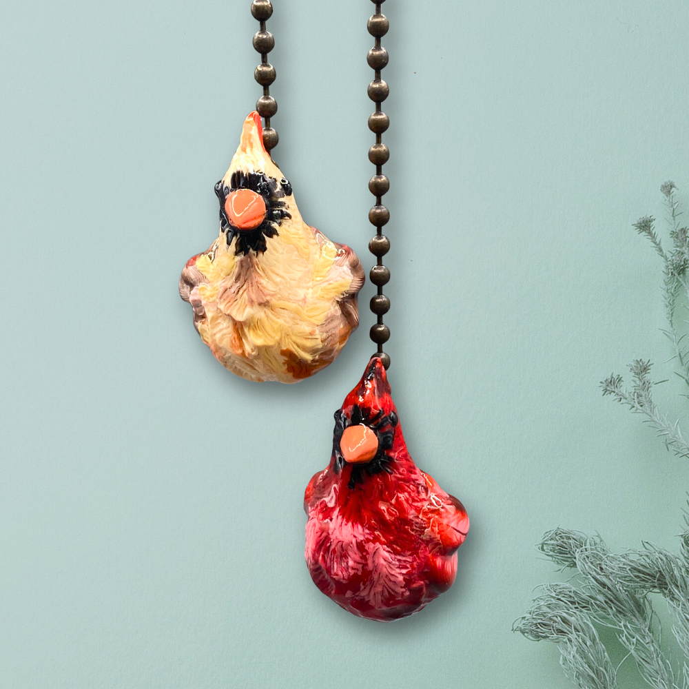 Two cardinal bird figurine light/fan pull chain charms