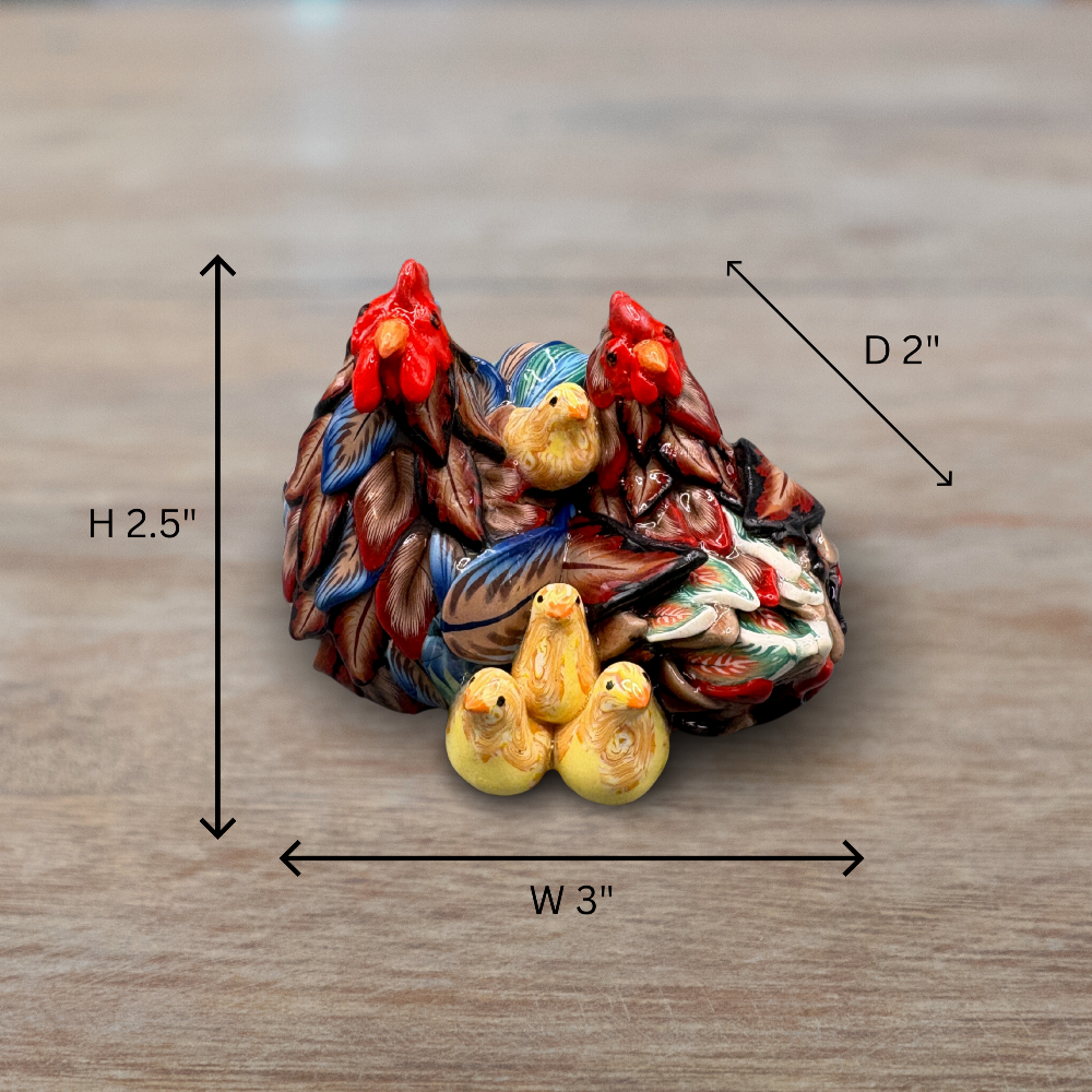 Handmade chicken family figurine. Rooster, Hen and 4 chicks.