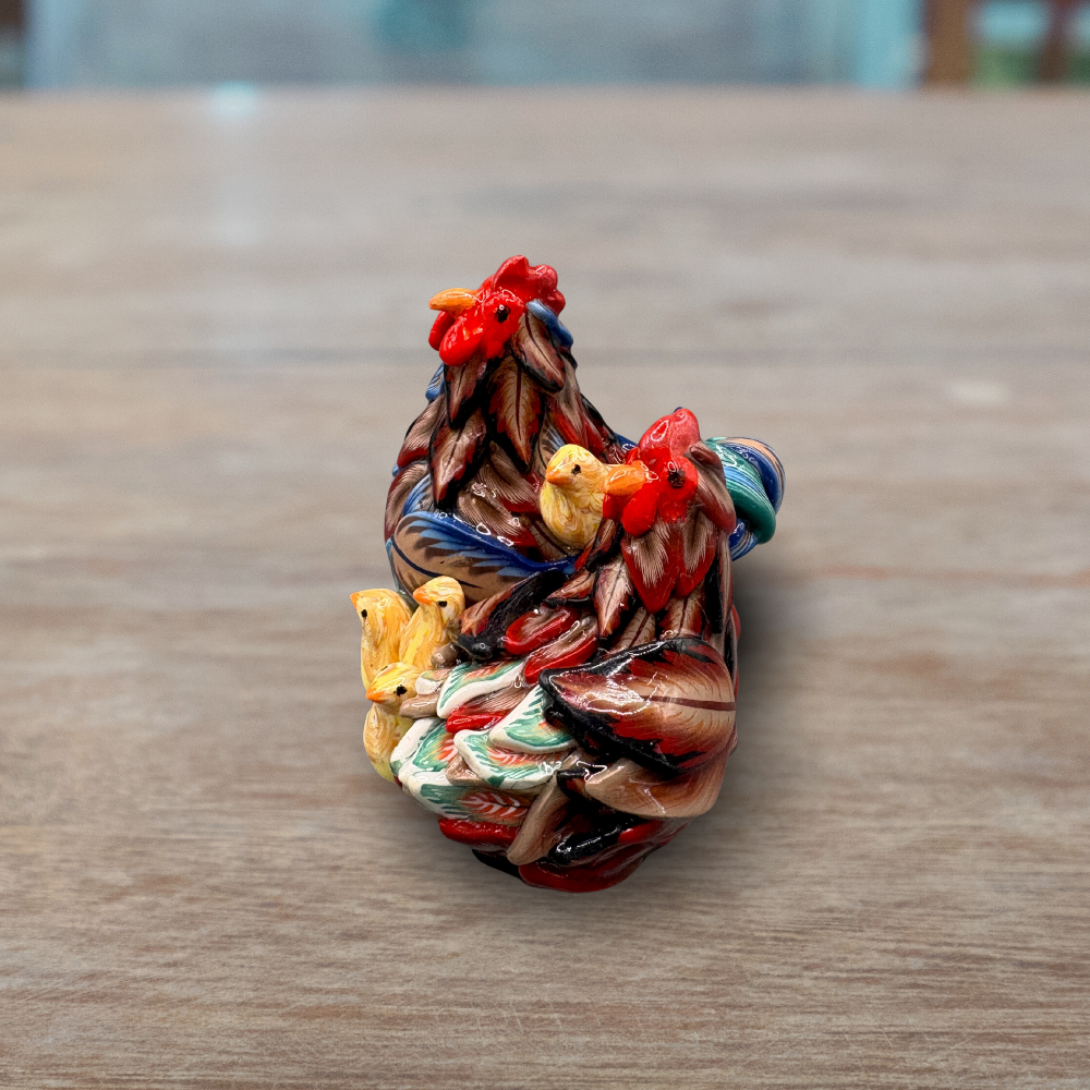 Handmade chicken family figurine. Rooster, Hen and 4 chicks.