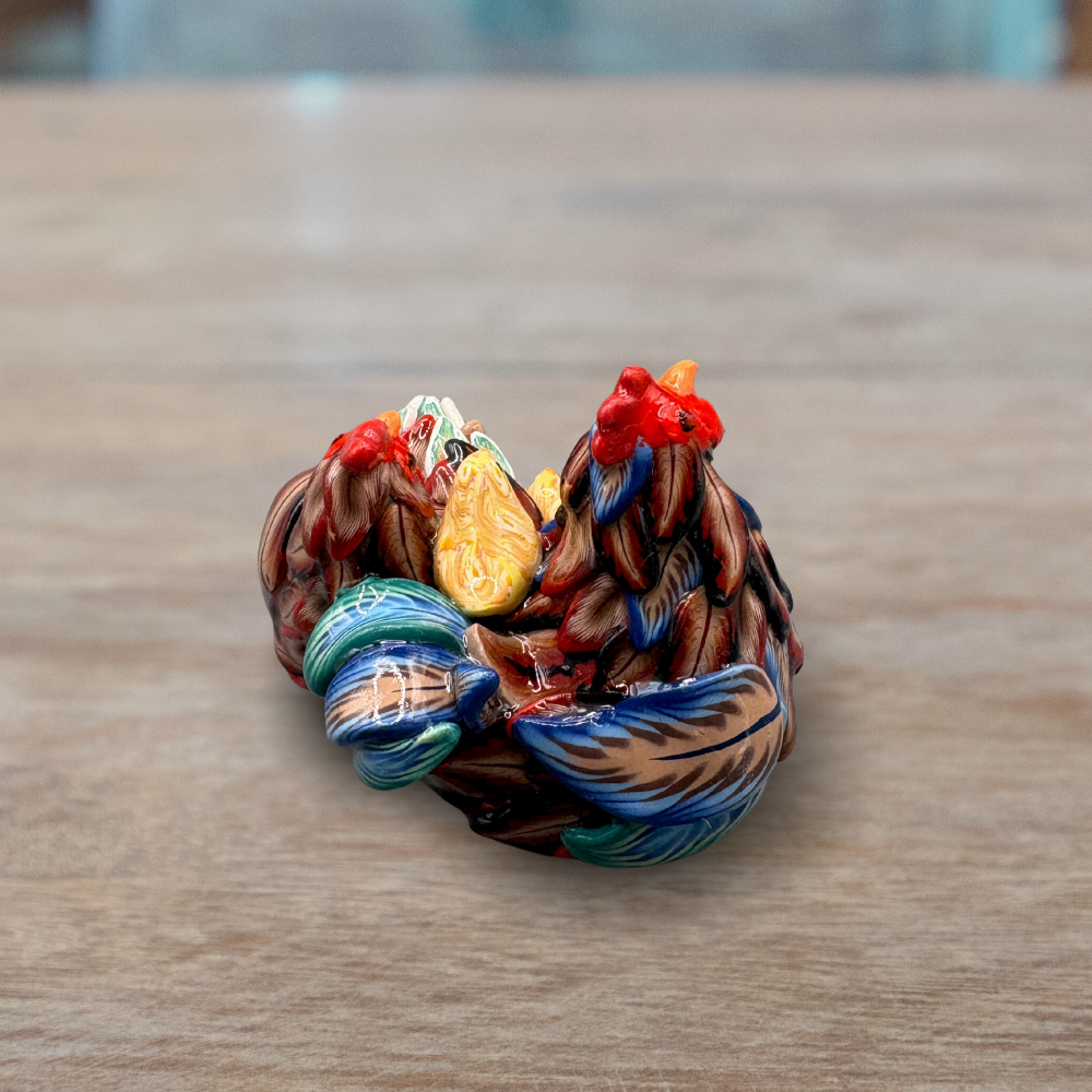 Handmade chicken family figurine. Rooster, Hen and 4 chicks.