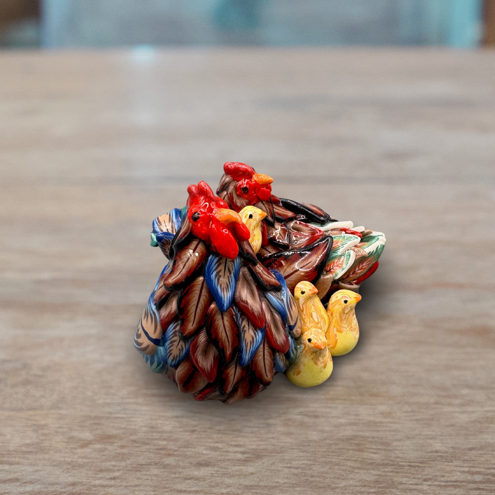 Handmade chicken family figurine. Rooster, Hen and 4 chicks.