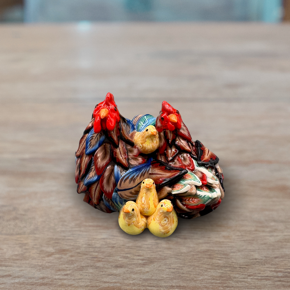 Handmade chicken family figurine. Rooster, Hen and 4 chicks.