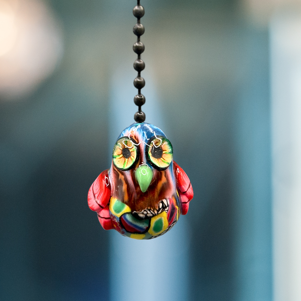 Colorful funky Owl light pull, handmade with Polymer clay.