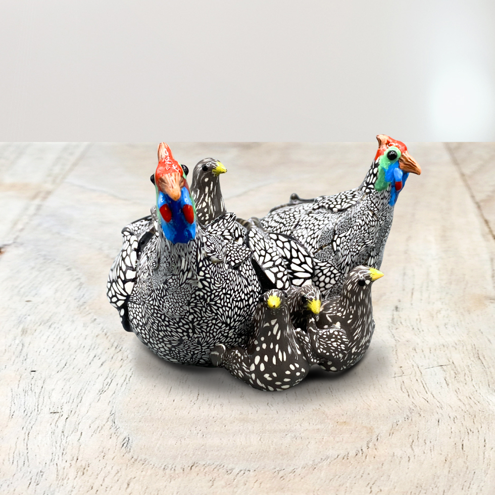 Handmade Polymer clay sculpture of Guinea Fowl family with babies