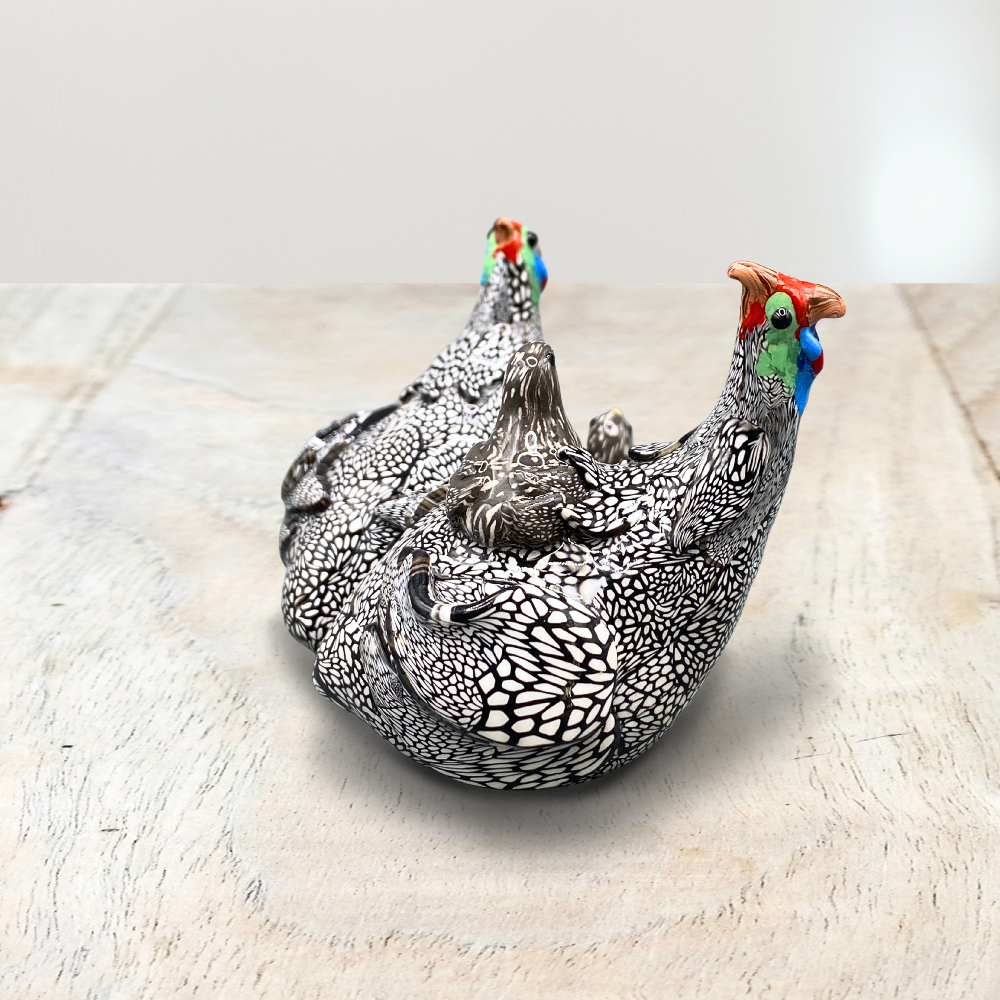 Handmade Polymer clay sculpture of Guinea Fowl family with babies