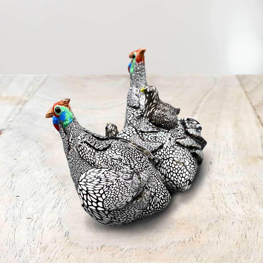 Handmade Polymer clay sculpture of Guinea Fowl family with babies