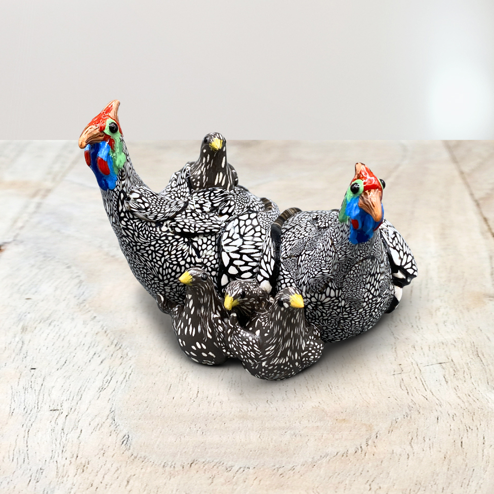 Handmade Polymer clay sculpture of Guinea Fowl family with babies