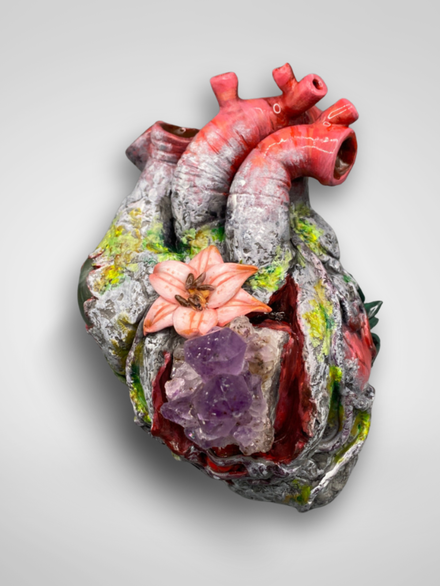 Heart of stone, God's love, Lilly, Crystal, gemstone, Sculpture, Handmade, Hand crafted, art, Artist, Hope, joy, strength through suffering, handmade, sculpture, sculpted, heart sculpture, clay sculpture