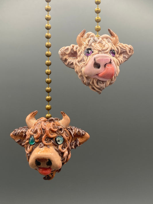 Handmade, home decor, Light pull, Fan pull, functional art, sculpture, hand crafted, creative, unique, Highland cow, Cow art