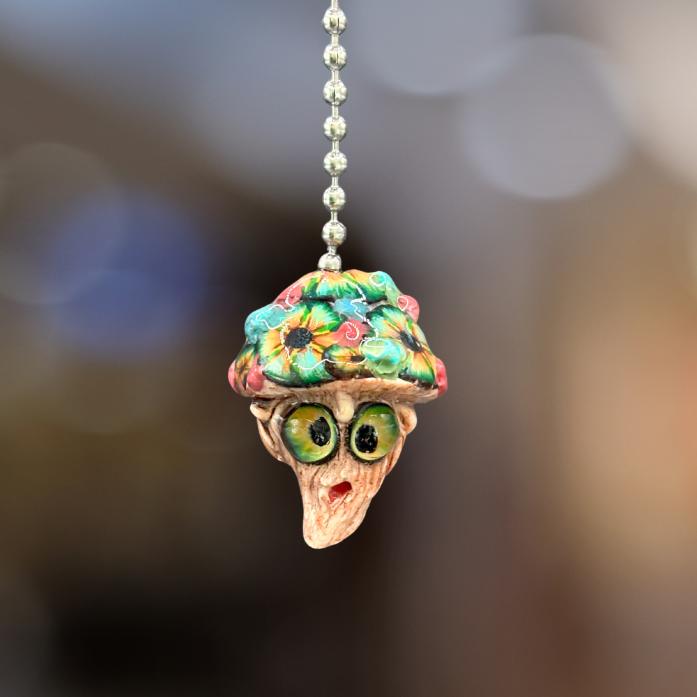 Decorative ceiling fan pull with a colorful mushroom design, handmade with Polymer clay
