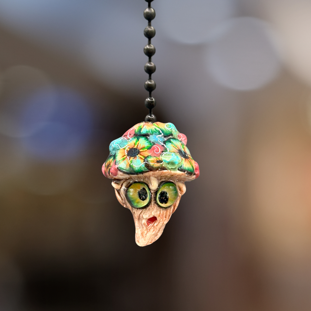 Decorative ceiling fan pull with a colorful mushroom design, handmade with Polymer clay