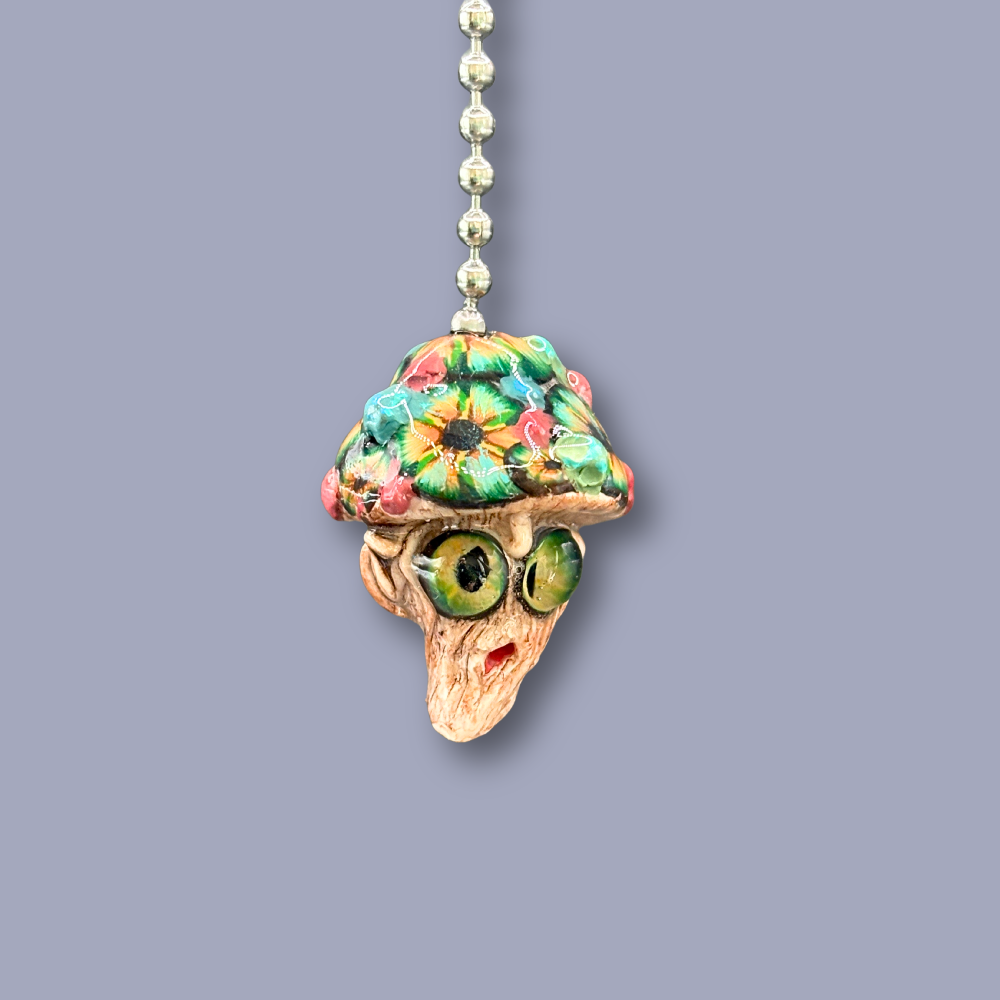 Decorative ceiling fan pull with a colorful mushroom design, handmade with Polymer clay