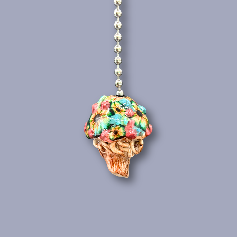 Decorative ceiling fan pull with a colorful mushroom design, handmade with Polymer clay