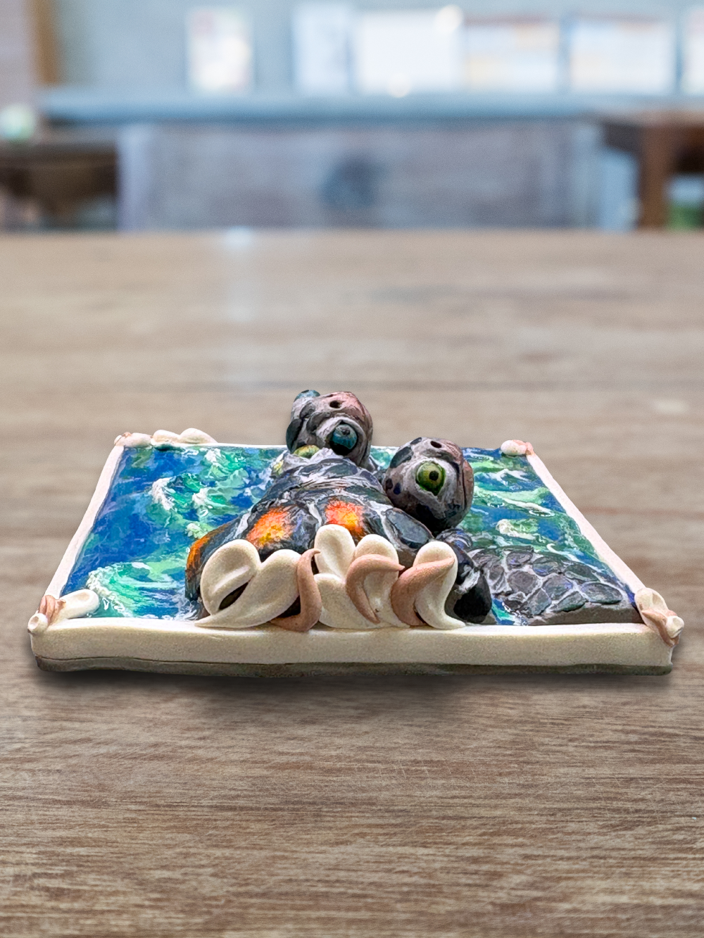 Wall decor of a Sea Turtle family in the ocean, handmade with polymer clay