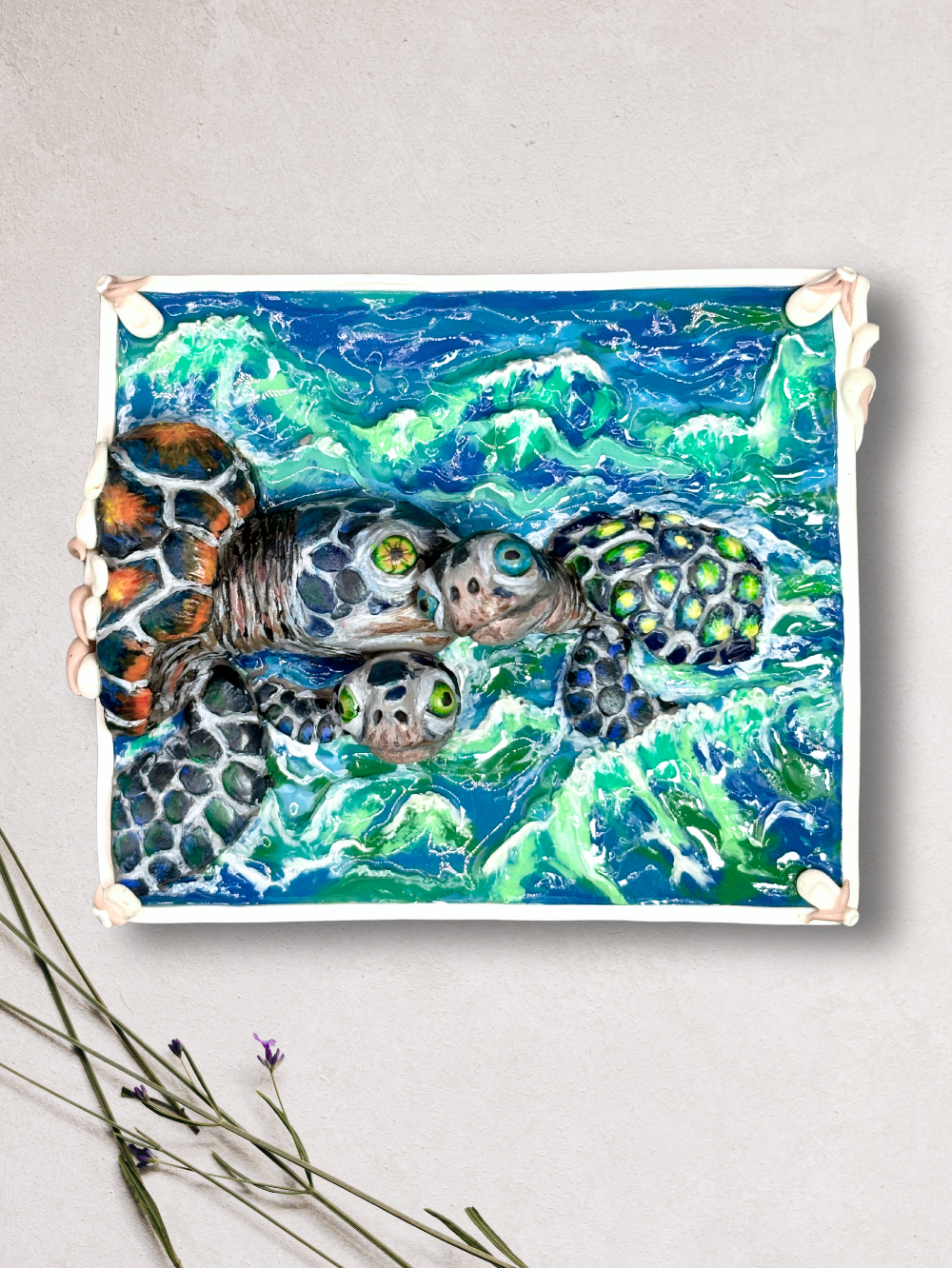 Wall decor of a Sea Turtle family in the ocean, handmade with polymer clay