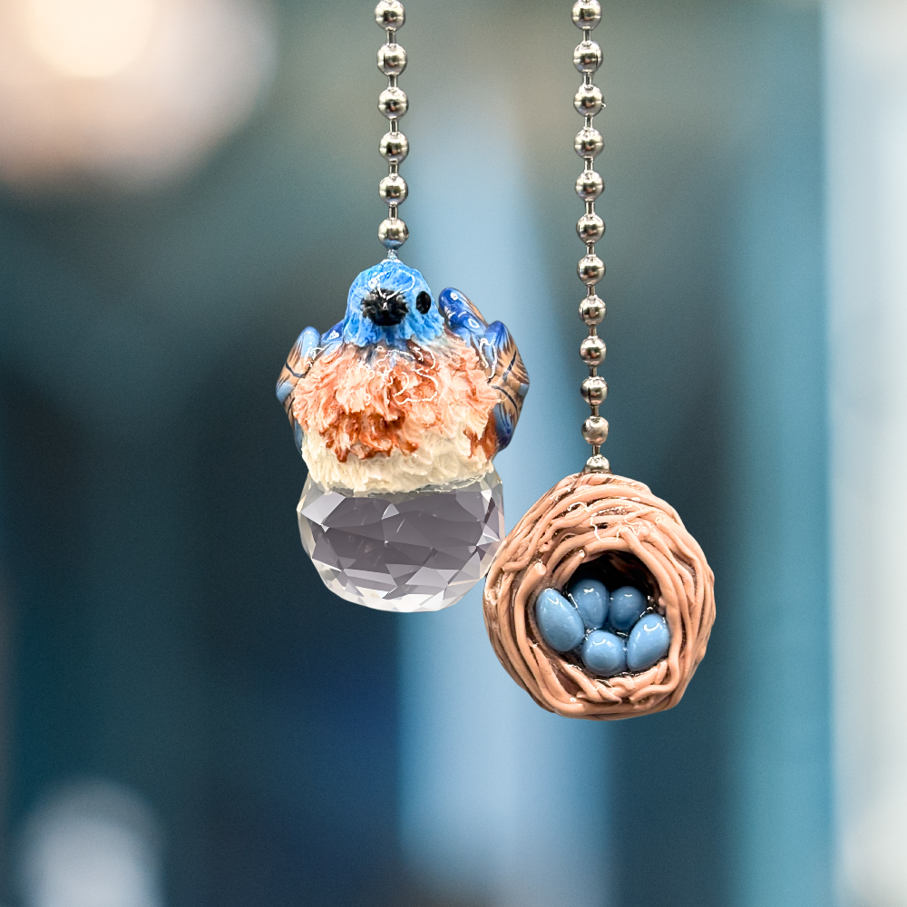 Decorative ceiling fan pull chain with Blue bird and nest design 