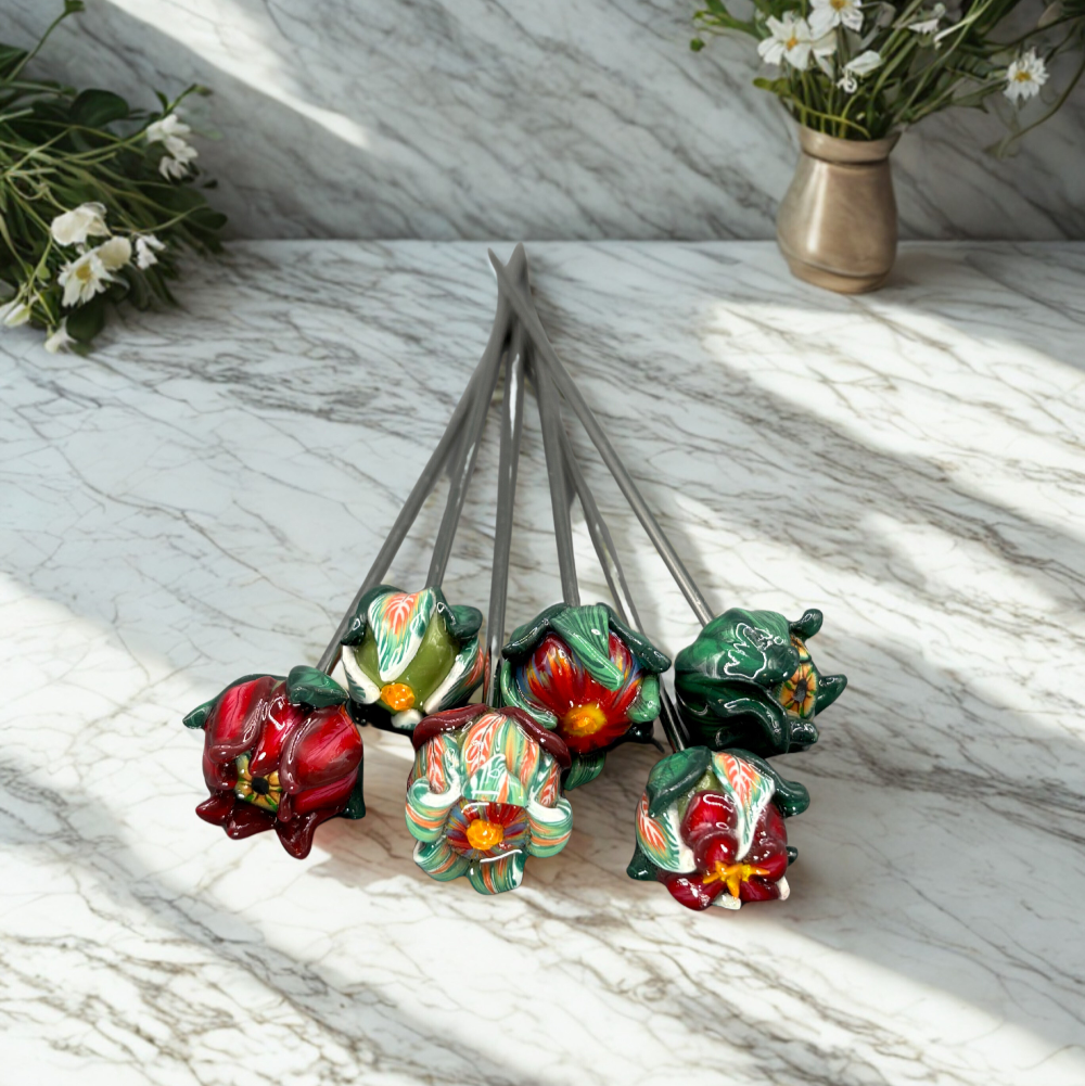 Botanical cocktail picks, handmade with polymer clay. Set of 6 with stainless steel cup