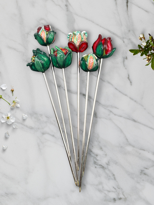 Botanical cocktail picks, handmade with polymer clay. Set of 6 with stainless steel cup