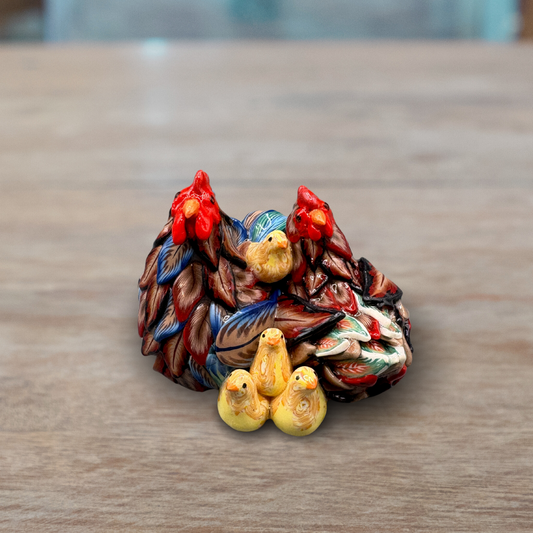Handmade chicken family figurine. Rooster, Hen and 4 chicks.