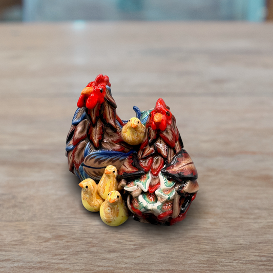 Handmade chicken family figurine. Rooster, Hen and 4 chicks.