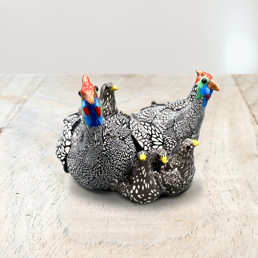 Handmade Polymer clay sculpture of Guinea Fowl family with babies 