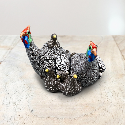 Handmade Polymer clay sculpture of Guinea Fowl family with babies