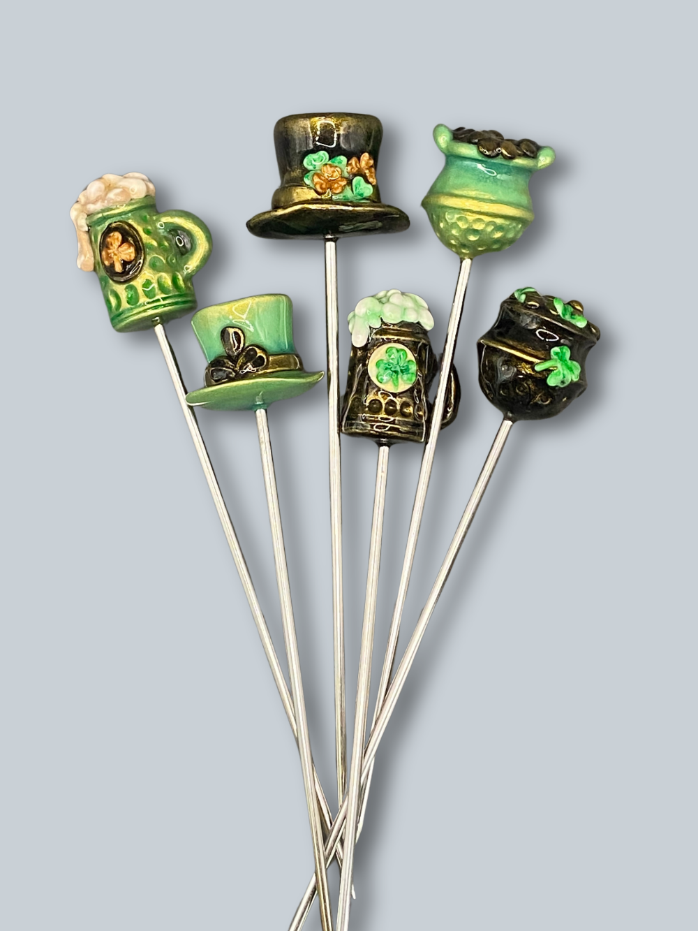 Handmade, home decor, Cocktail sticks, cocktail picks, bar accessories, functional art, sculpture, hand crafted, creative, unique, Irish pub, Irish, Irish cocktail picks, Irish bar decor, green, black