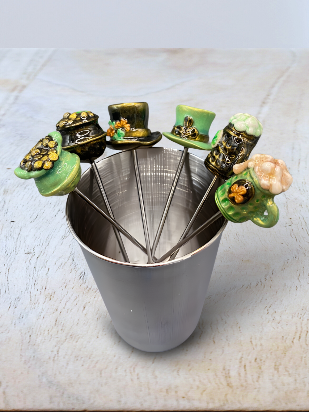 Handmade, home decor, Cocktail sticks, cocktail picks, bar accessories, functional art, sculpture, hand crafted, creative, unique, Irish pub, Irish, Irish cocktail picks, Irish bar decor, green, black