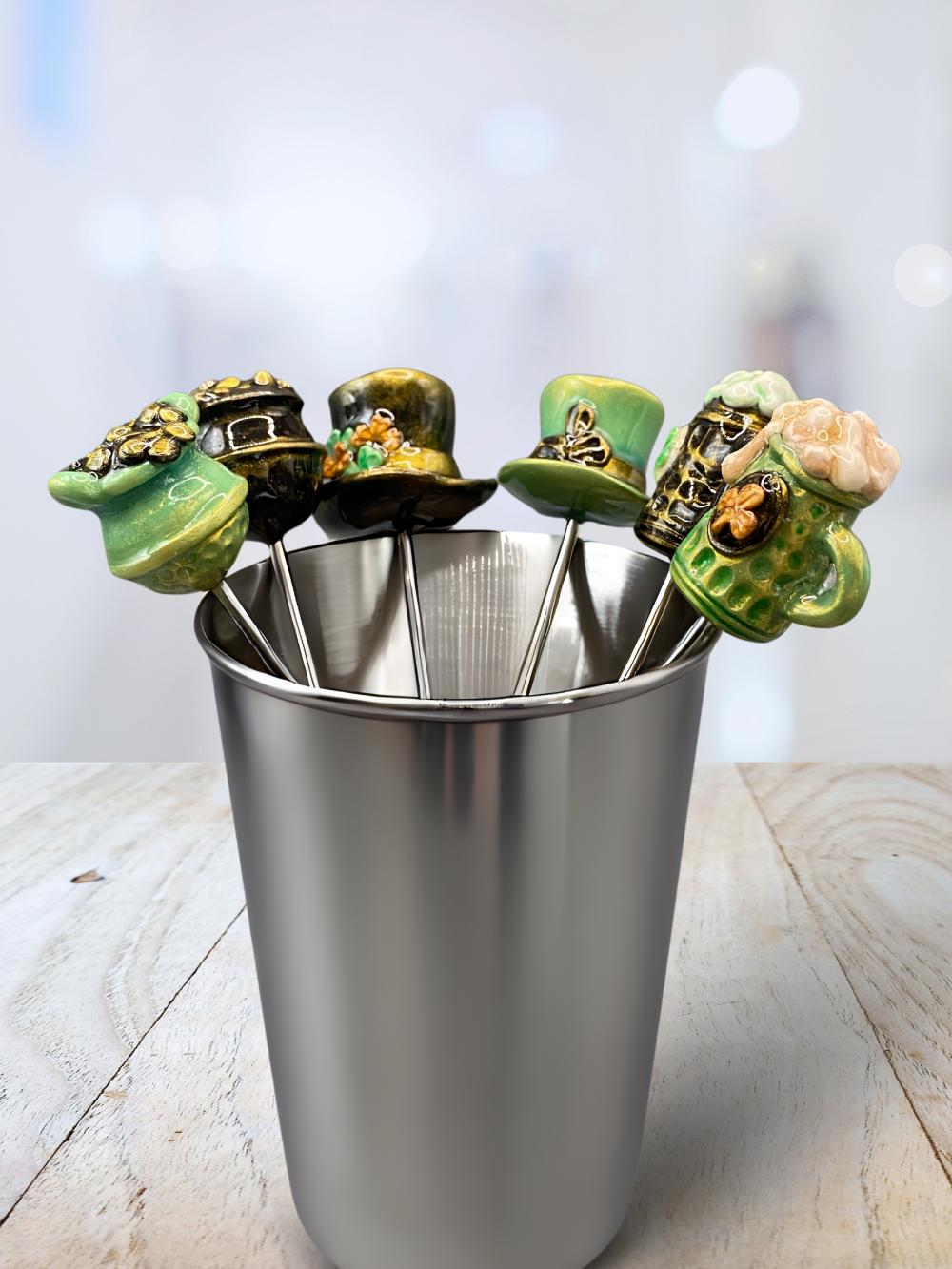 Handmade, home decor, Cocktail sticks, cocktail picks, bar accessories, functional art, sculpture, hand crafted, creative, unique, Irish pub, Irish, Irish cocktail picks, Irish bar decor, green, black