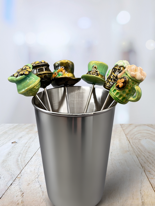 Handmade, home decor, Cocktail sticks, cocktail picks, bar accessories, functional art, sculpture, hand crafted, creative, unique, Irish pub, Irish, Irish cocktail picks, Irish bar decor, green, black