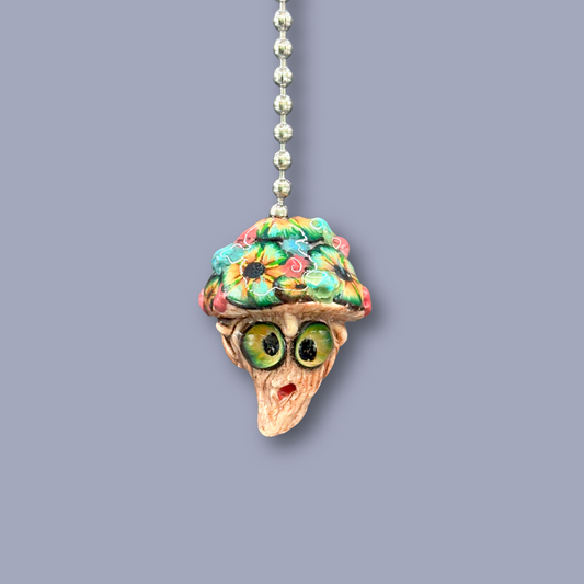 Decorative ceiling fan pull with a colorful mushroom design, handmade with Polymer clay