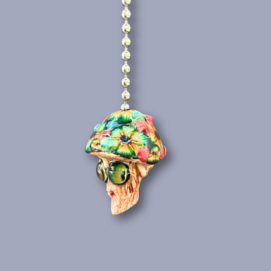 Decorative ceiling fan pull with a colorful mushroom design, handmade with Polymer clay