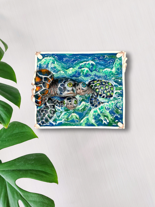 Wall decor of a Sea Turtle family in the ocean, handmade with polymer clay