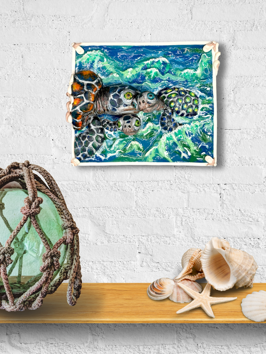 Wall decor of a Sea Turtle family in the ocean, handmade with polymer clay